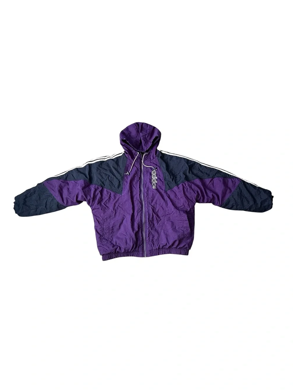Vintage Adidas Trefoil Hooded Puffer Jacket Purple Black 90s Spellout Stripe L